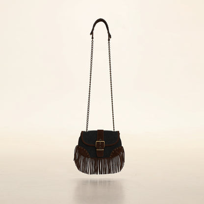 Twill Denim Suede Tassel Crossbody Bag