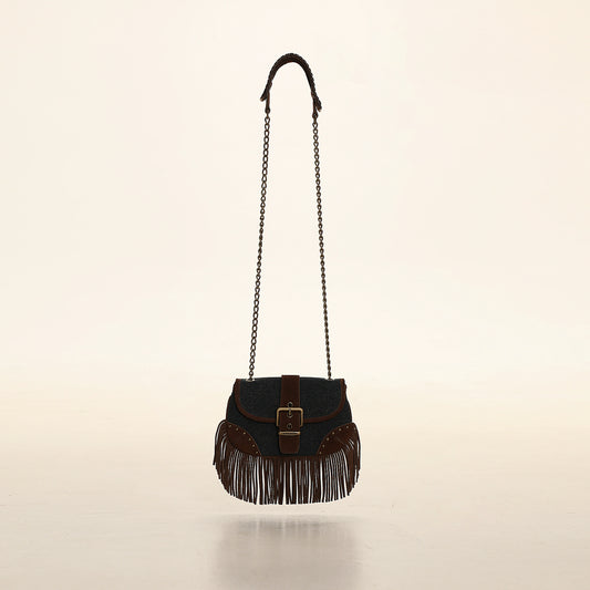 Twill Denim Suede Tassel Crossbody Bag