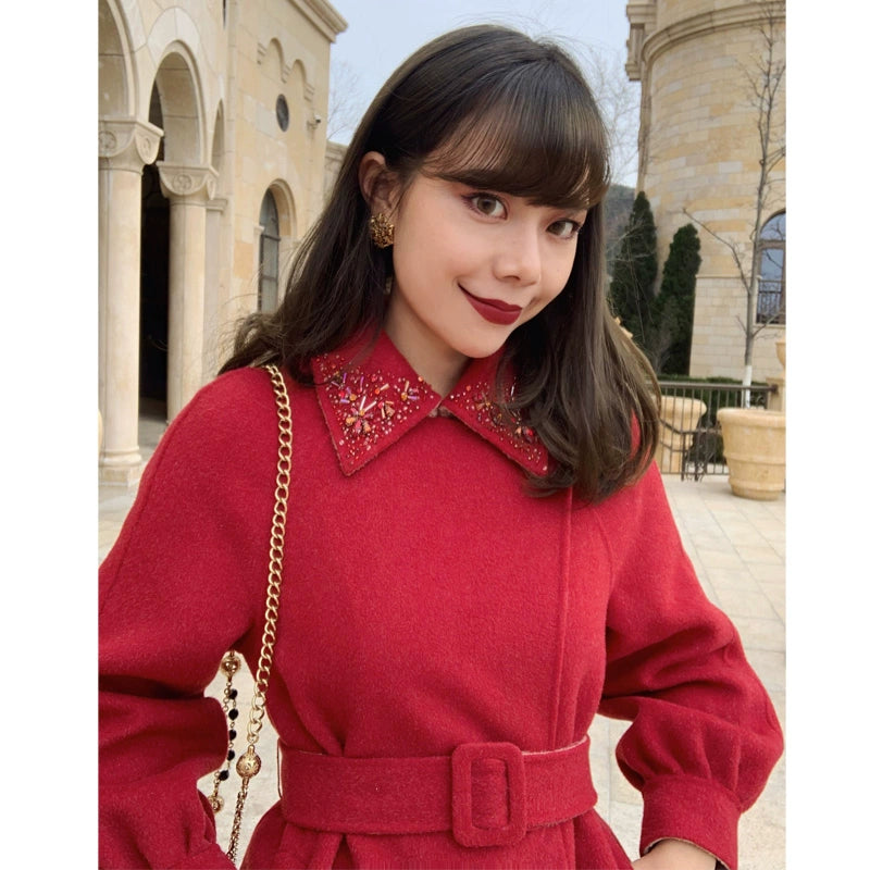 Red Hepburn Christmas Handmade Wool Coat