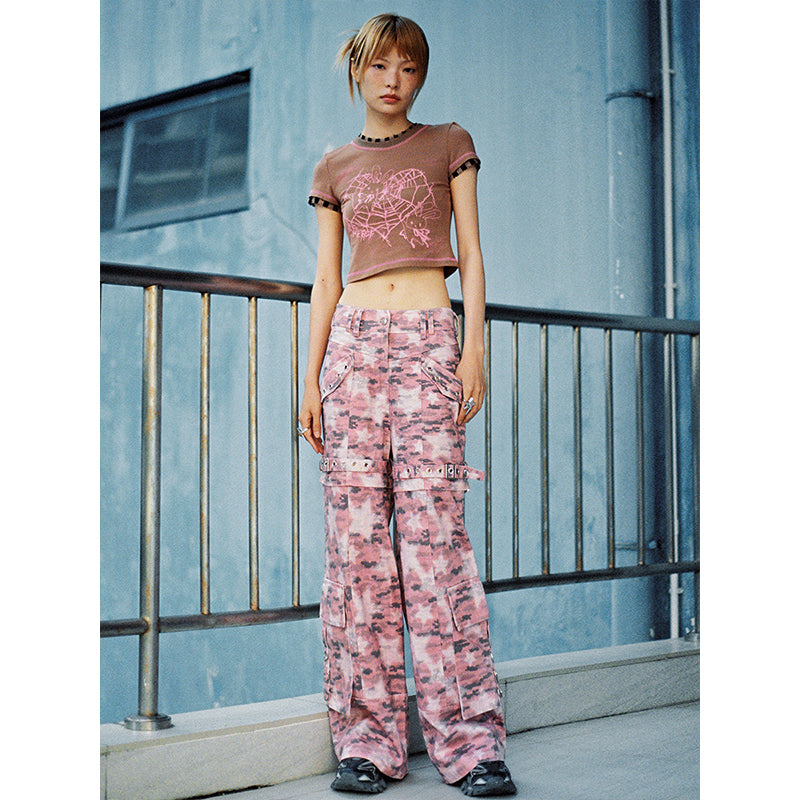 Pink Star Camo Printed Pants Cool Low Waist