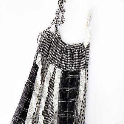 Vintage Patched Plaid Irregular Strap Dress