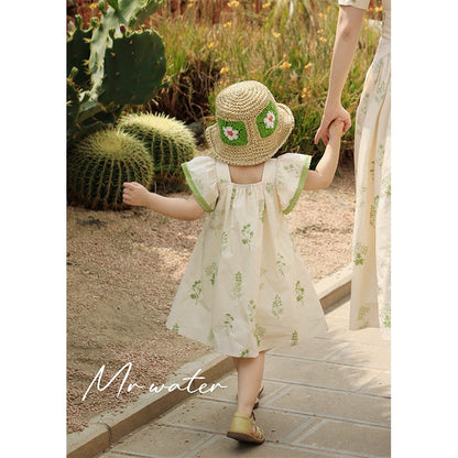 Almond Milk Green Embroidered Parent-Child Dress
