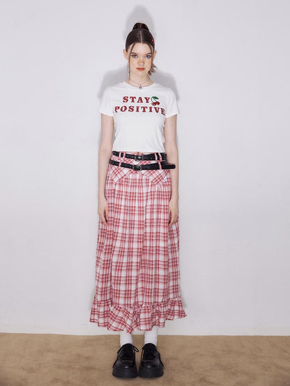 Red Plaid High Waist Midi Skirt
