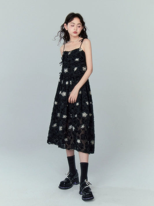 Bow Tie Strap - Embroidered Black Dress