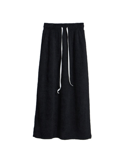 Original Design Warm Plush Imitation Mink Hair Contrast Drawstring Elastic Waist Loose Straight Barrel Skirt