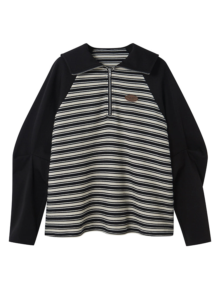 Striped Lapel - Black Hoodie with Zipper