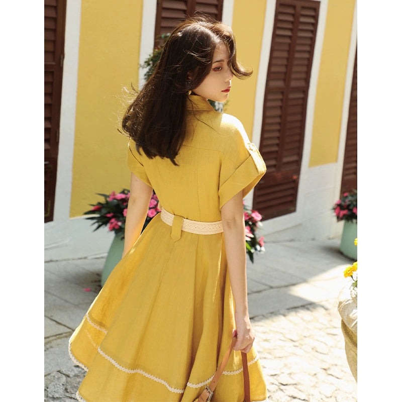 Yellow Temperament Loose Linen Shirt Dress