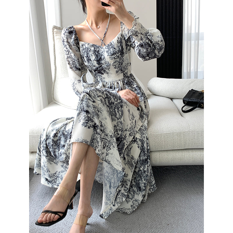 French Retro Long Sleeve Dress