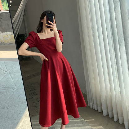 Red Square Neck Retro Dress