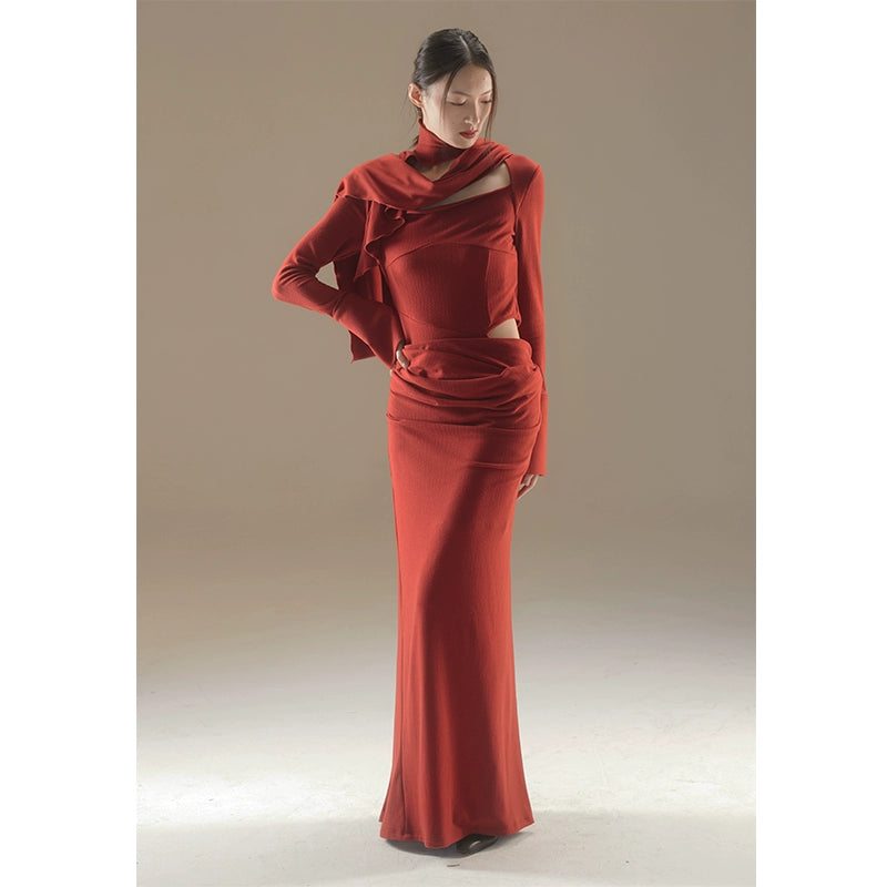 Autumn Red Ribbon Knitted Hollow Dress