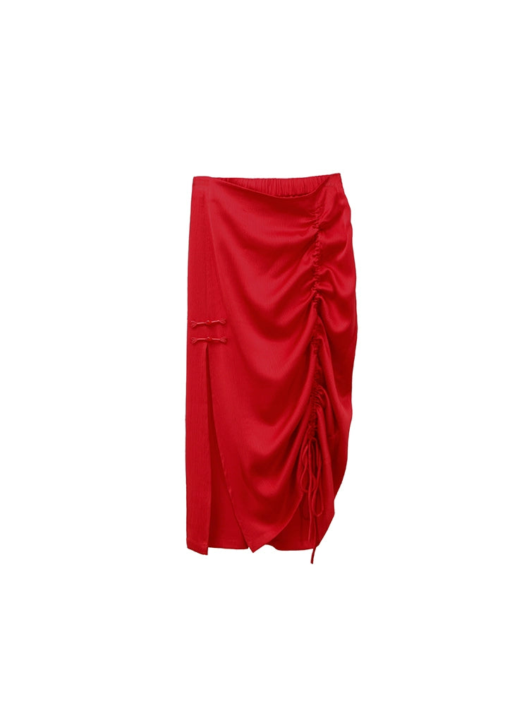 Red Black Slit Chinese Skirt