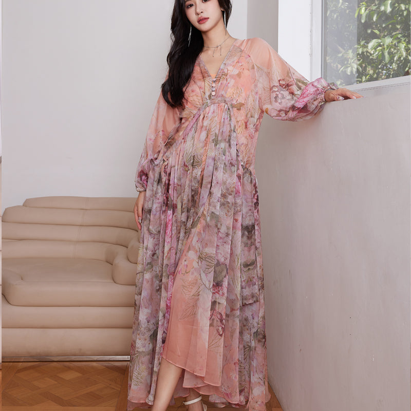 Pink V-Neck Long Dress by Zhao