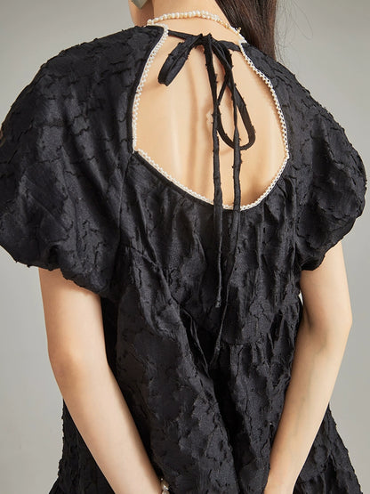 Original design by Ear UARE Sweet Cool Elegant Girl Vintage Dark Bubble Sleeves Open Back Strap Dress