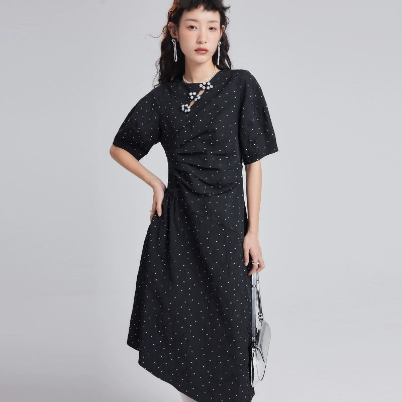 Original Design Dark Night Starry New Chinese Style Beaded Plate Buckle Jacquard Dotted Irregular Dress