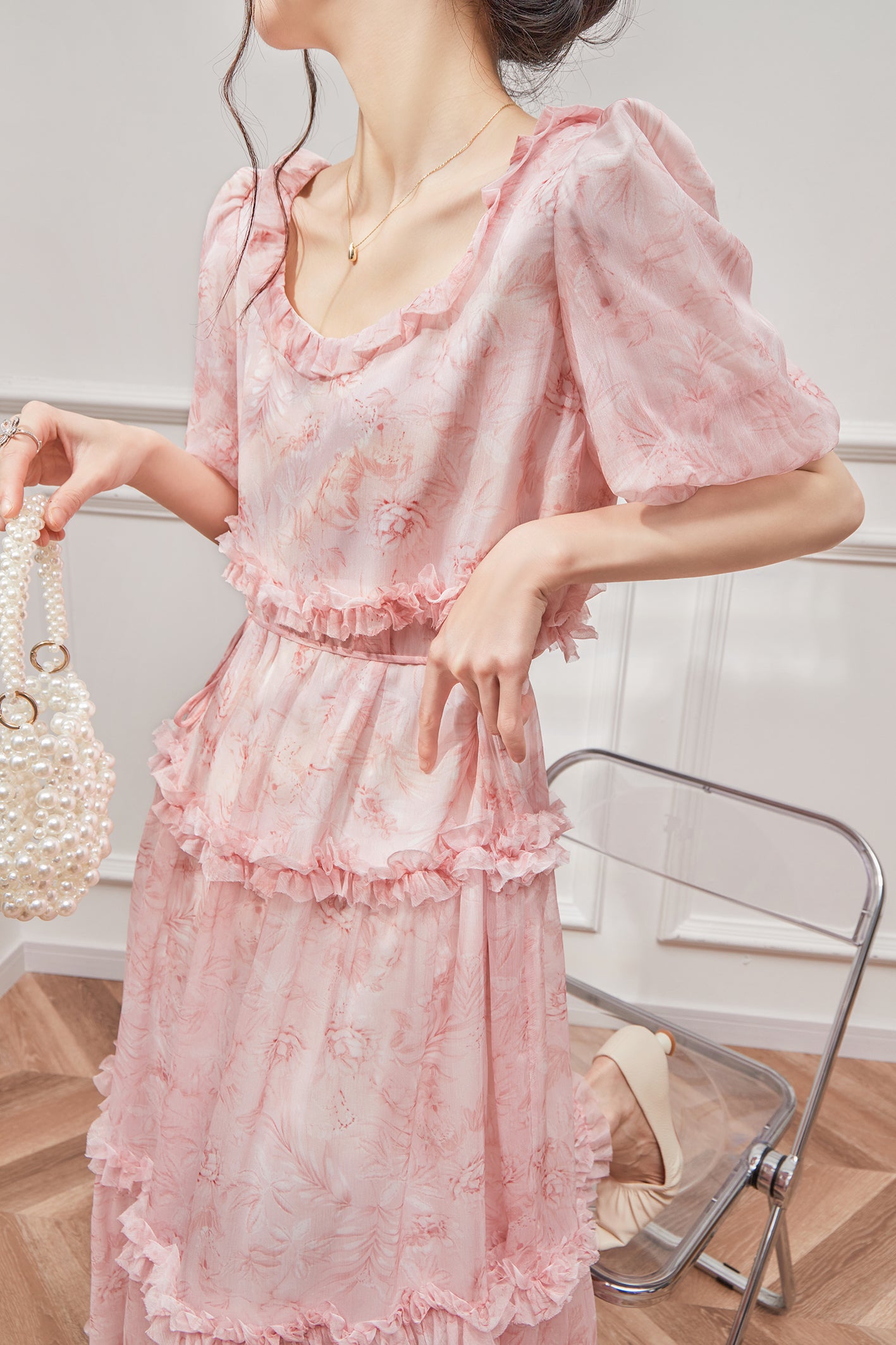 Pink Bubble Sleeve Long Dress