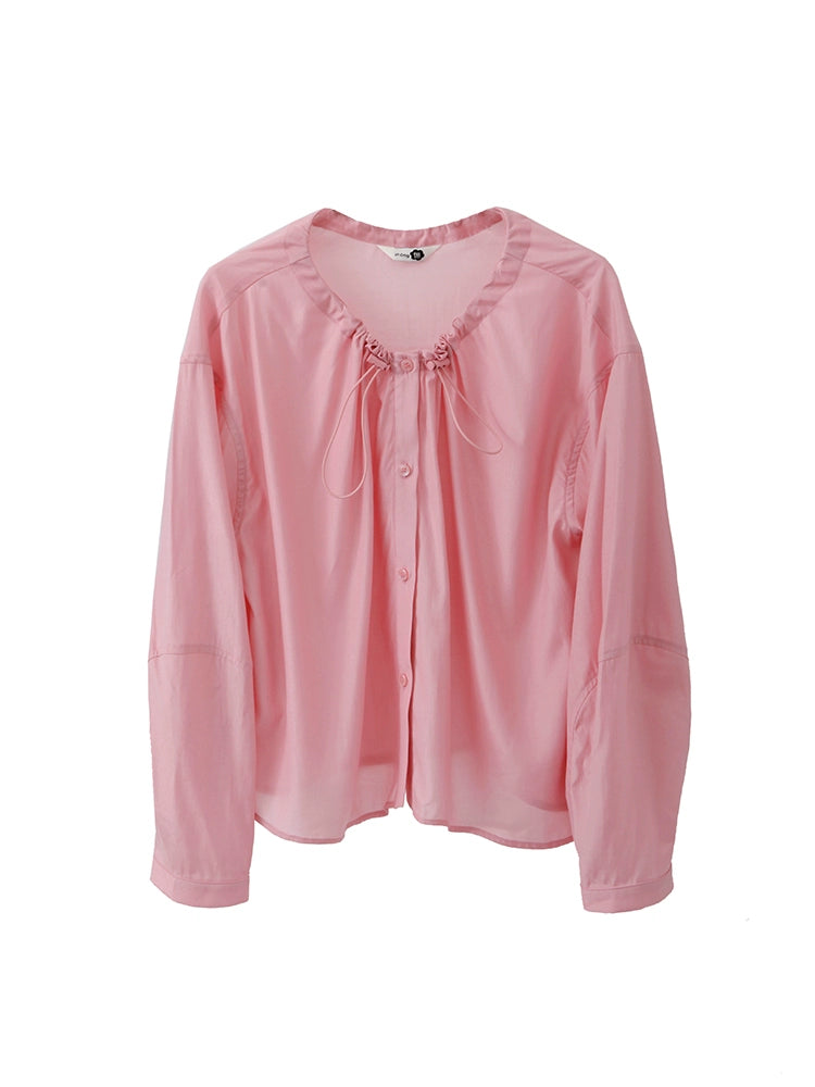 Original Design Ice Peach Bubble Drawstring Round Neck Lightweight Heavenly Silk Loose Early Autumn Long Sleeve Shirt