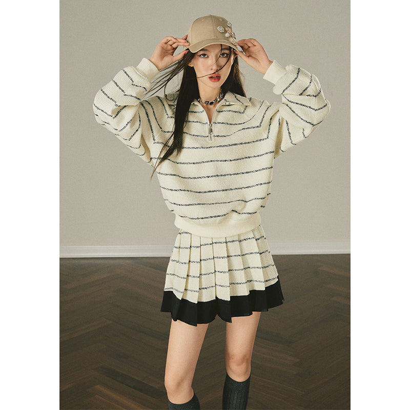 Stripe Polo Top & Pleated Skirt Set