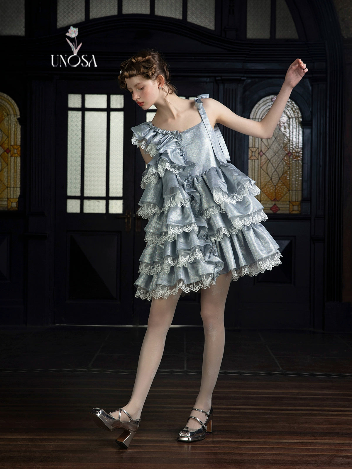 Silver White Sparkling Lace Asymmetrical A-Line Doll Dress