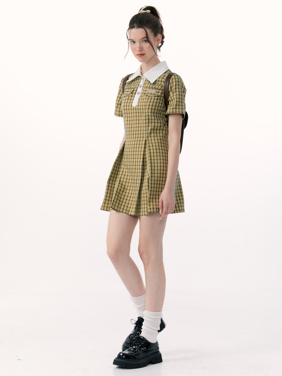 Slim Plaid Polo Collar Yellow Dress - College Style