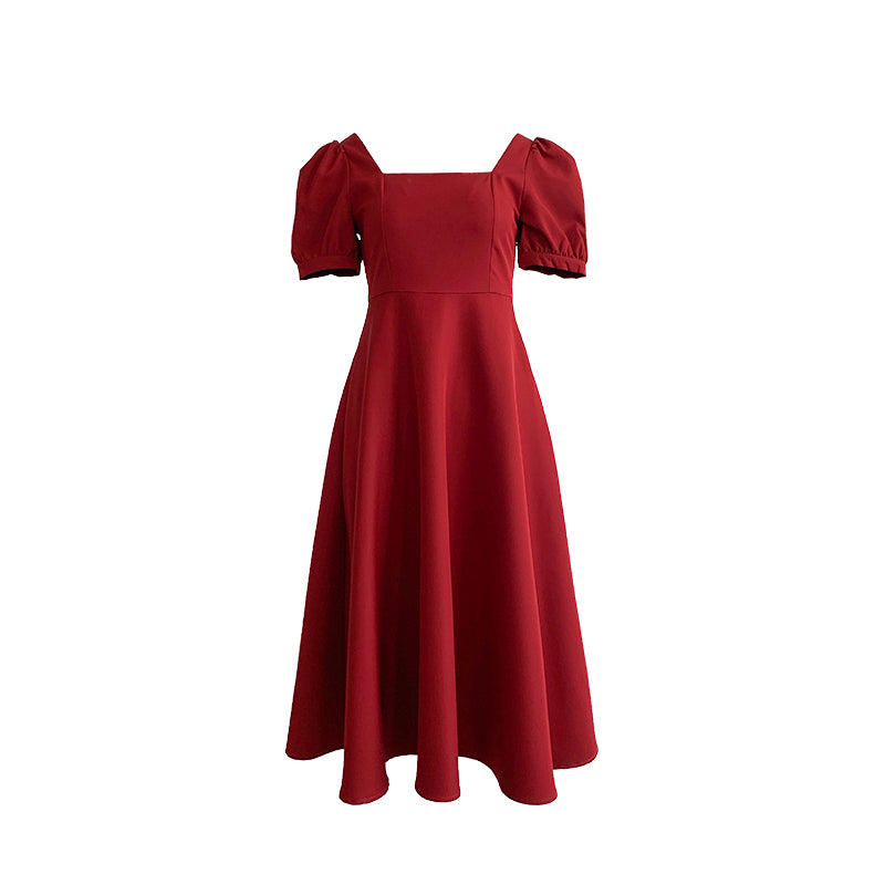 Red Square Neck Retro Dress