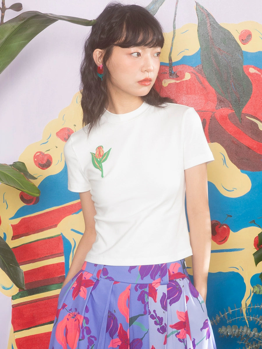 Hand Painted Tulip White Short Sleeve T-shirt