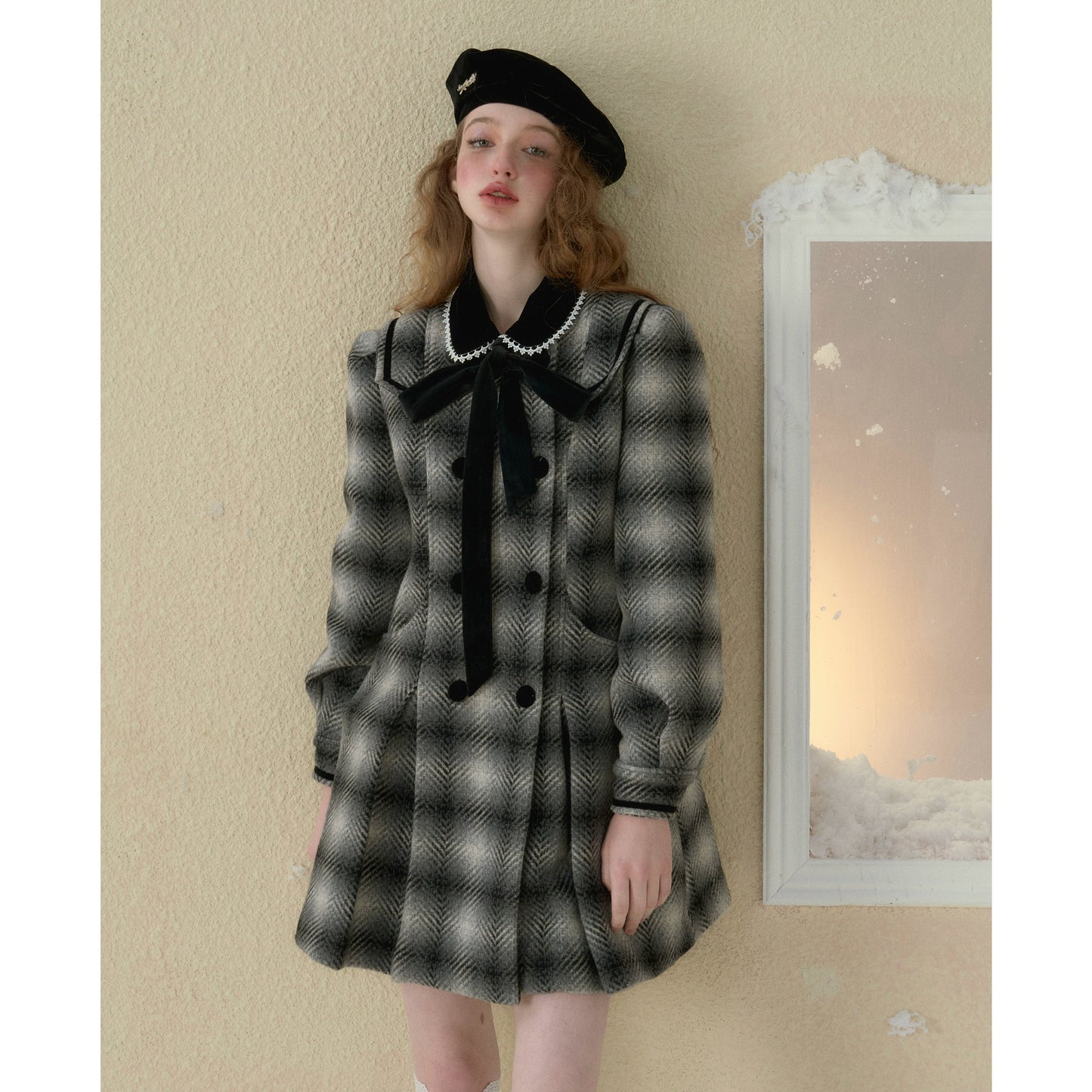 Plaid Tie Woolen Mid Coat