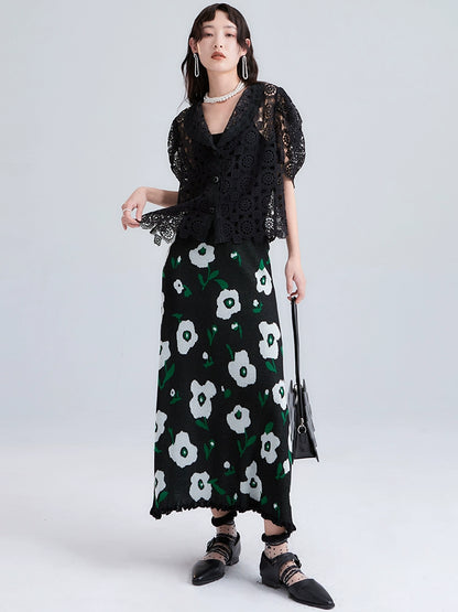 Original Design Summer Moonlight Night Dance Step ins Flower Wool Weaving Jacquard Long A-Shape Slim Skirt