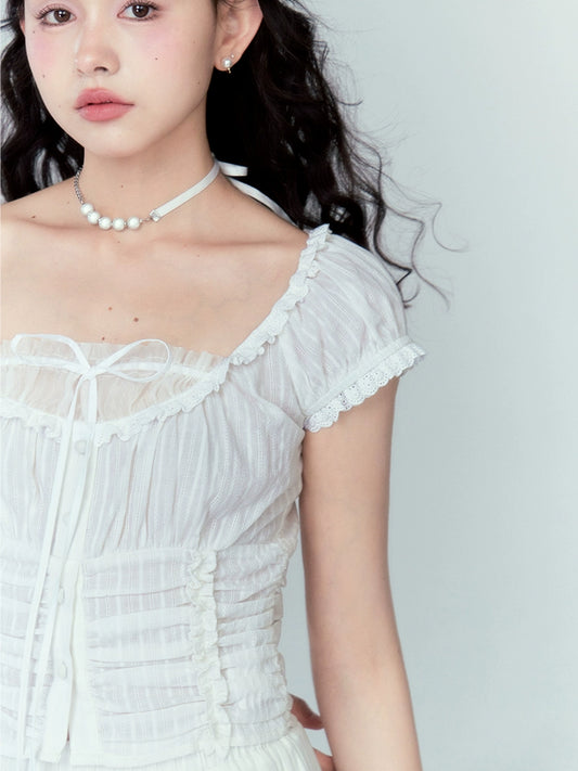 White One Shoulder - Lace Edge Chiffon Shirt