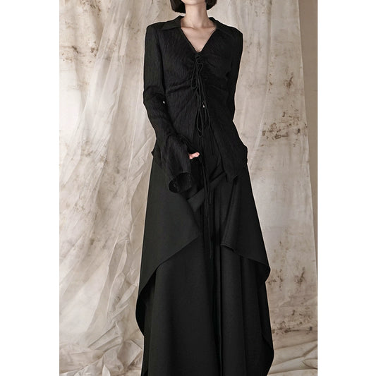 French Lace-up Black Shirt: Autumn