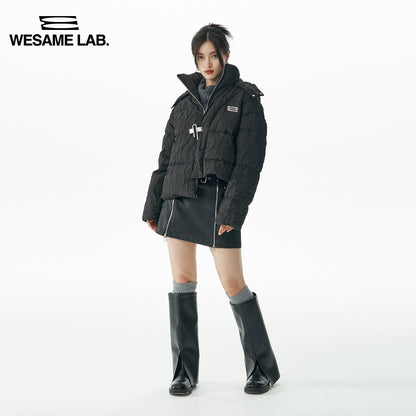 Irregular Short Standing Neck Detachable Hooded Down Jacket