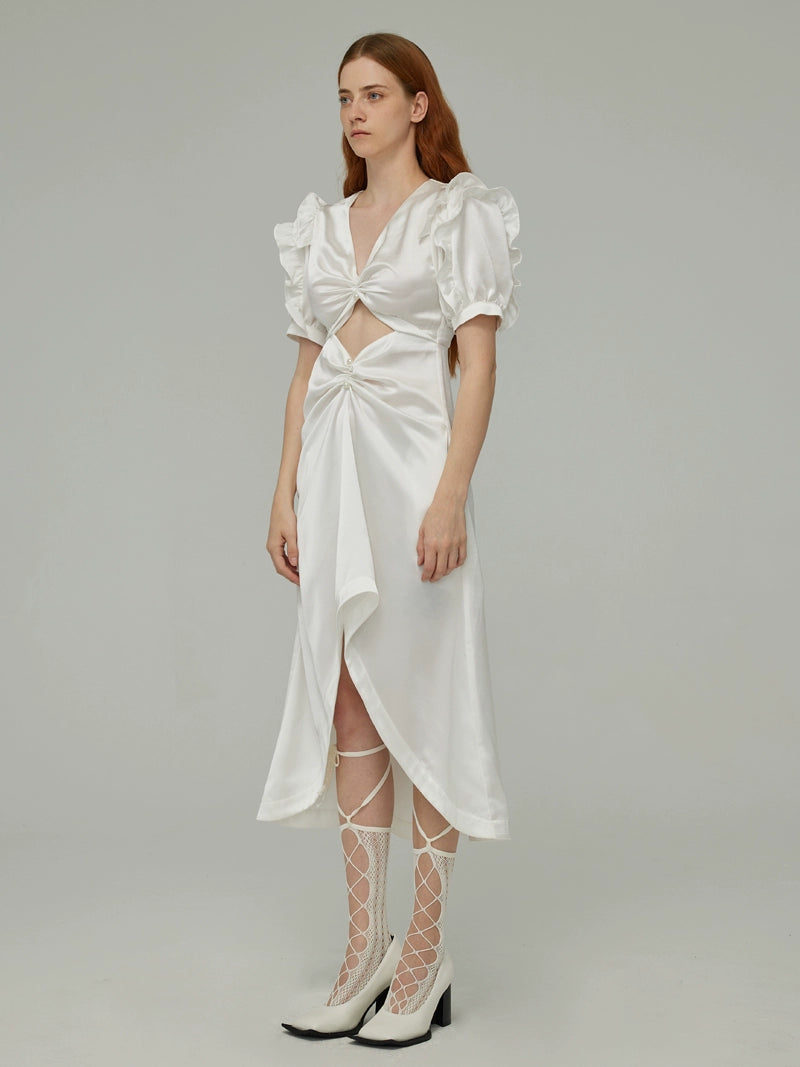 White Hollow Bubble Sleeve Dress