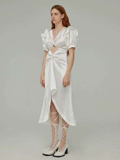 White Hollow Bubble Sleeve Dress