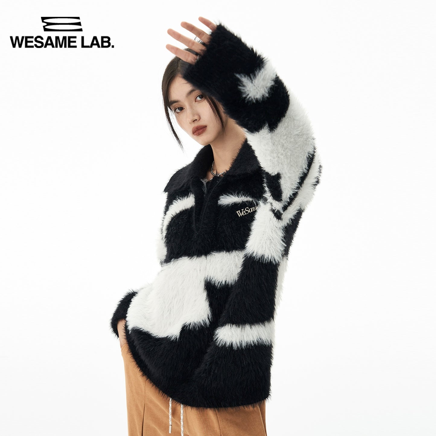 Polo Collar Black and White Mohair Lazy Knit Pullover