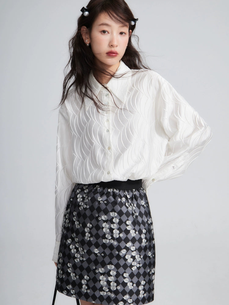 Original Design Tile Black Grey Checked Tulip Jacquard Elastic Waist A-line Short Skirt Half length Skirt