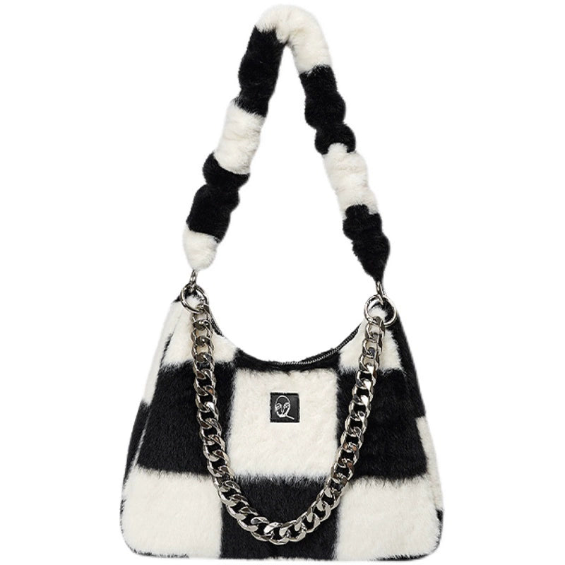 Checkerboard Fur Straddle Bag