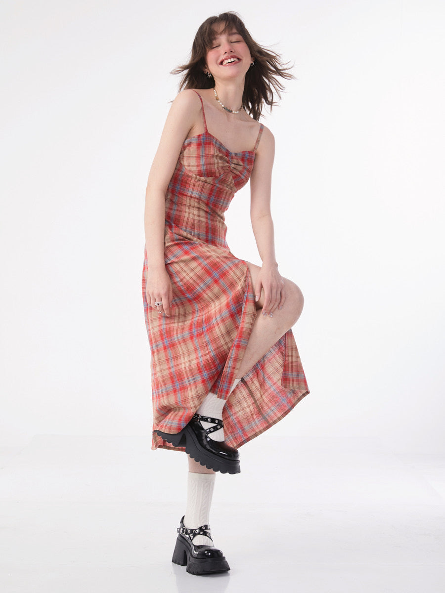 Red Plaid Split Strap Dress - American Vintage