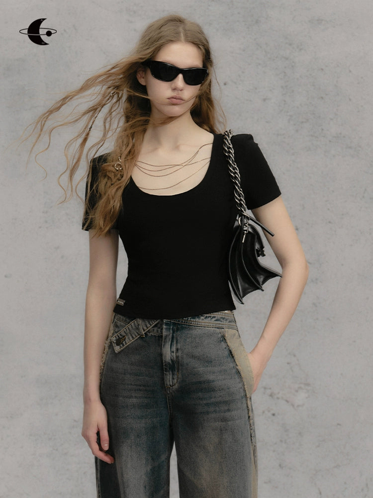 Black Chain Shoulder Pad Tee