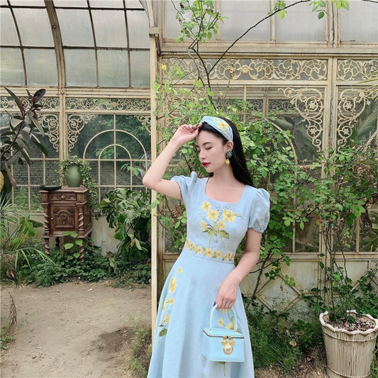 Sunflower Van Gogh Linen Embroidery Dress