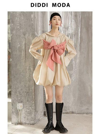 Apricot Big Bow - Bubble Sleeve Dress