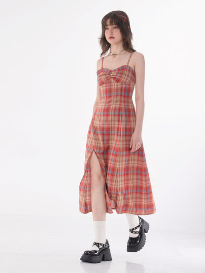 Red Plaid Split Strap Dress - American Vintage