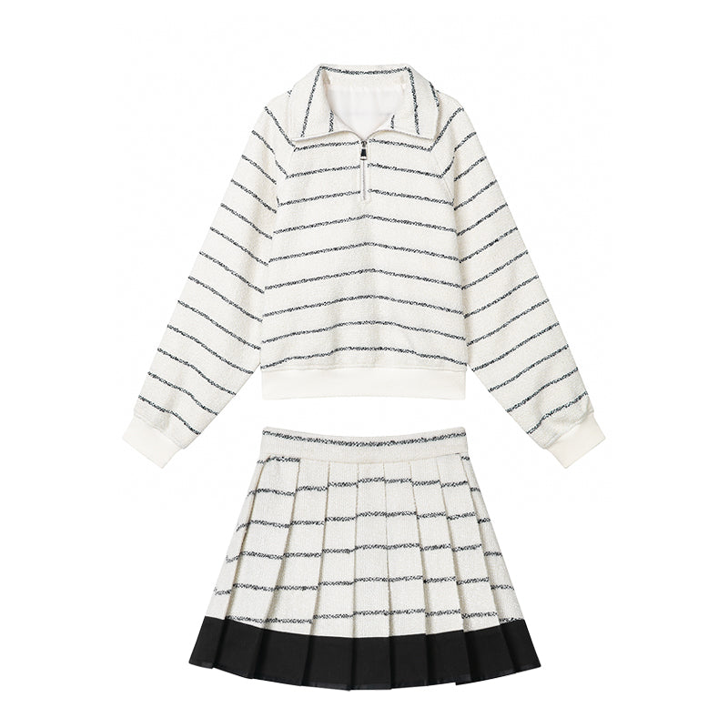 Stripe Polo Top & Pleated Skirt Set