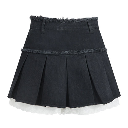 Black Denim Lace Pleated Shorts