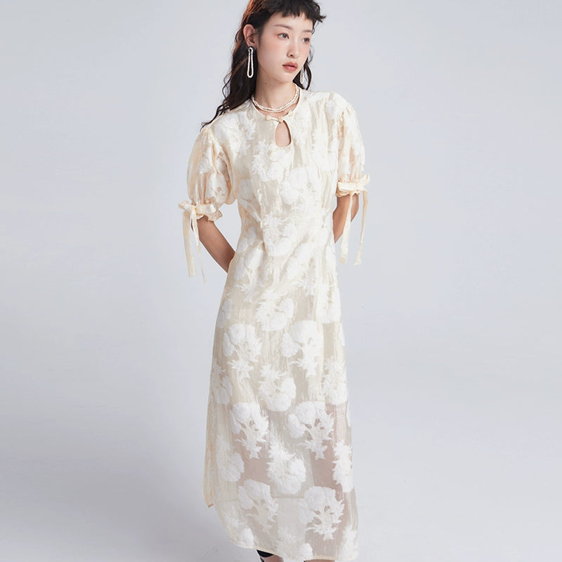 Original design with ears, gentle and low listening, new Chinese style semi transparent jacquard bubble sleeved cheongsam dress