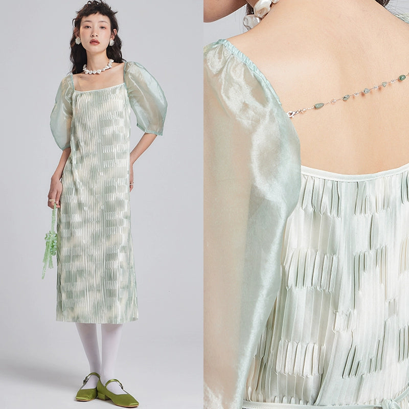 Original Design Jasmine Matcha Bubble Sleeve Halo Dye Printed Texture Pleated Organza Dress