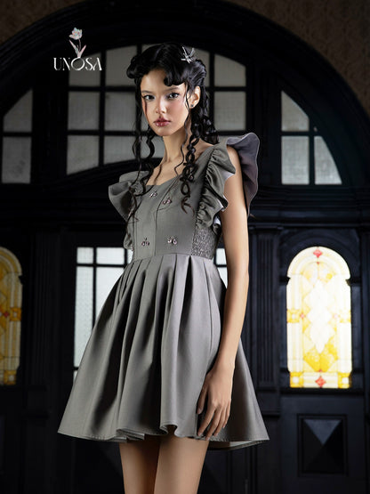 Grey Handmade Beaded Waist Wrap Dress with Flying Sleeves