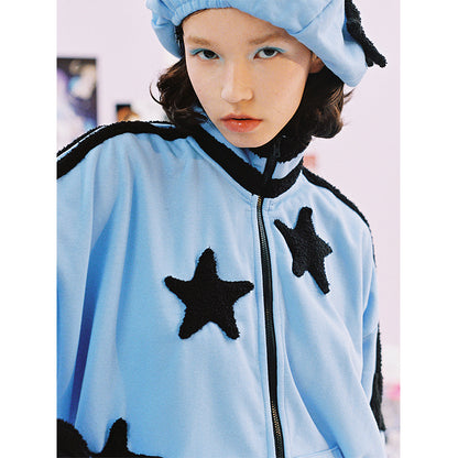 Blue Contrast Sweater Coat with Five Point Star Decoration