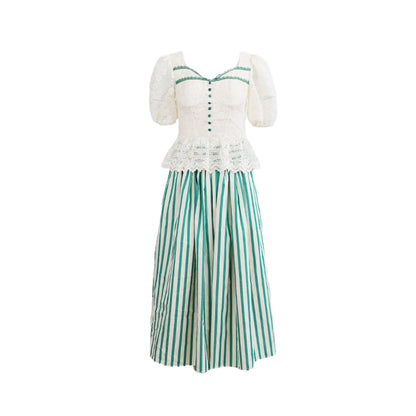 Breeze Green Lace Top & Striped Skirt Set