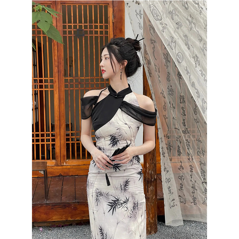 Split Print Hanging Neck Qipao Dress