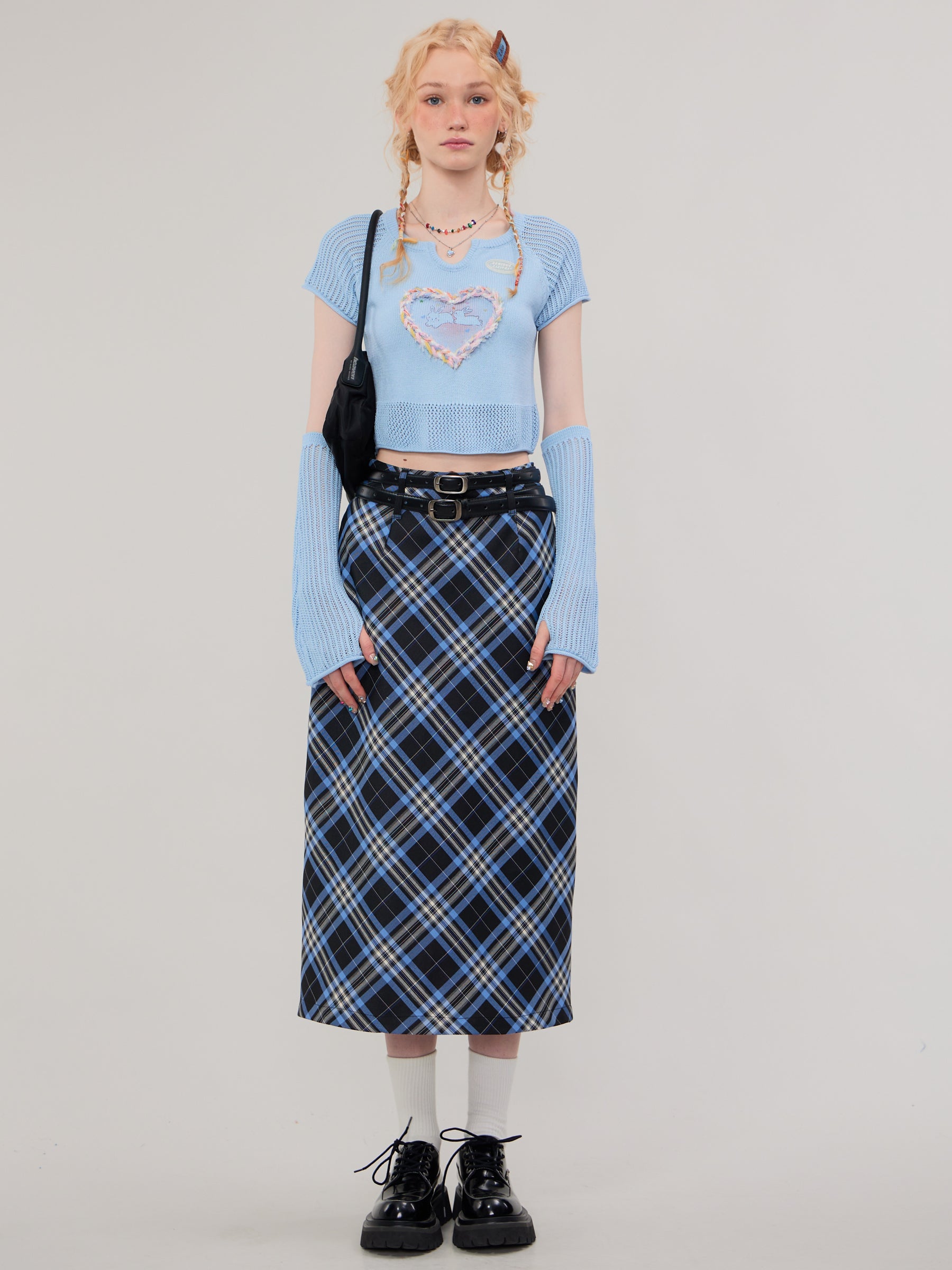 Blue Plaid High Waist Midi Skirt