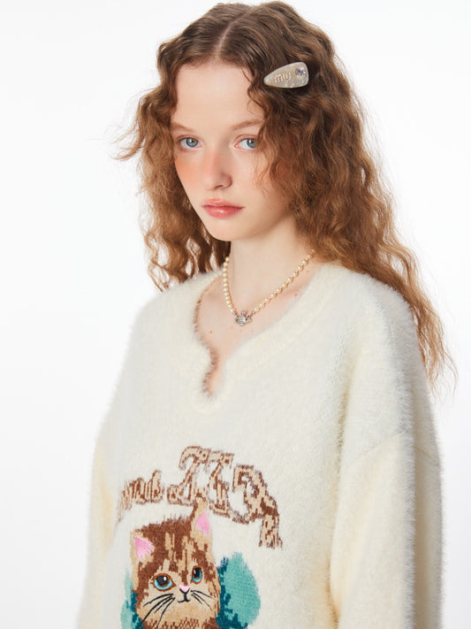 White Cat Embroidery Mink Hair Sweater - Design Sense